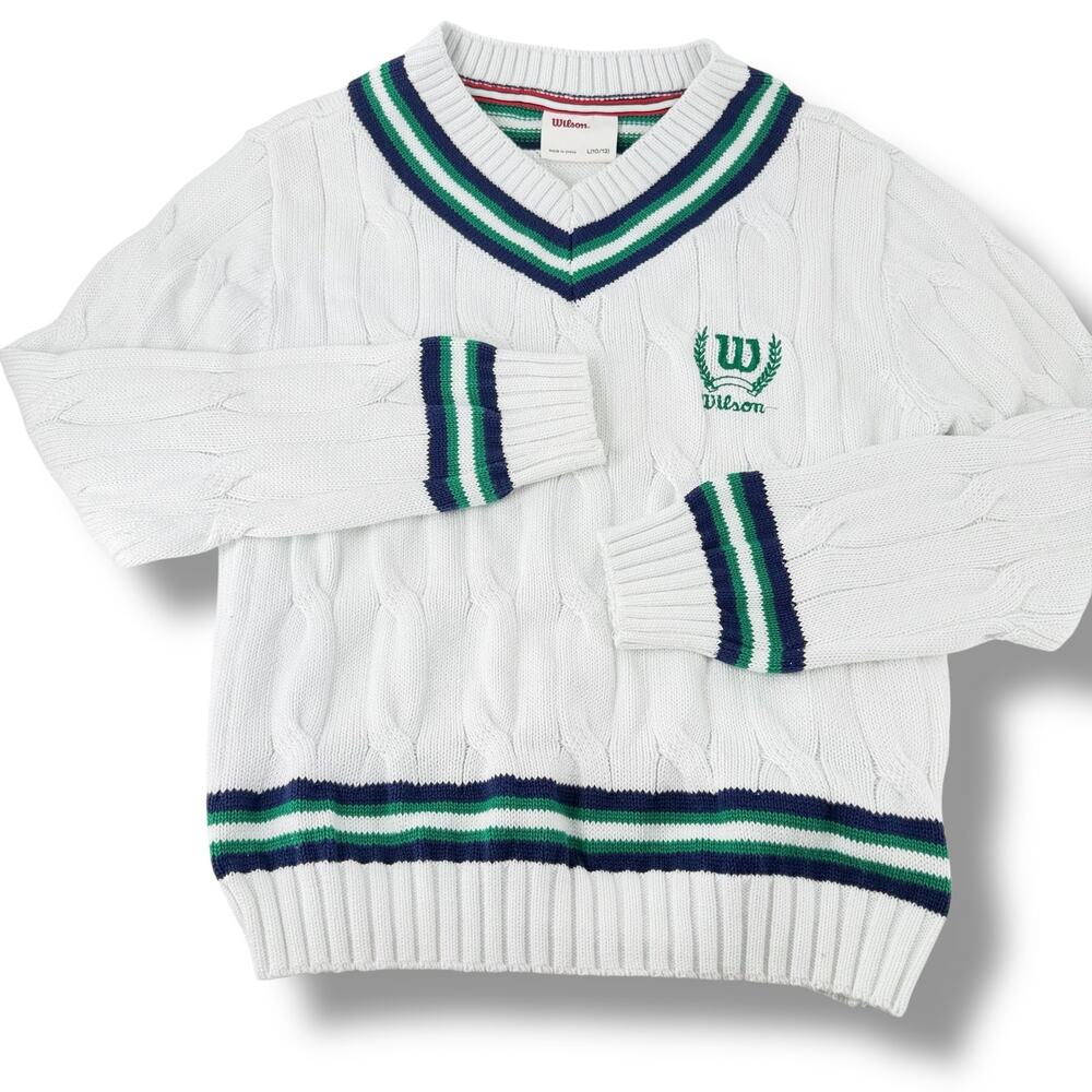 Wilson Cricket Sweater Youth L 10/12 White Cable Knit Tennis Preppy Vtg Tennis
